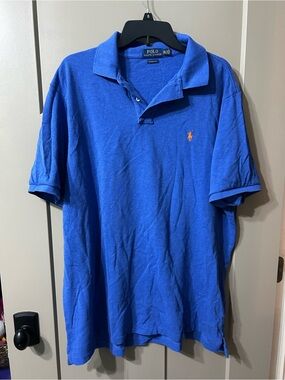 Ralph Lauren Men’s Bright Blue Short-Sleeve Polo with Orange Logo cotton